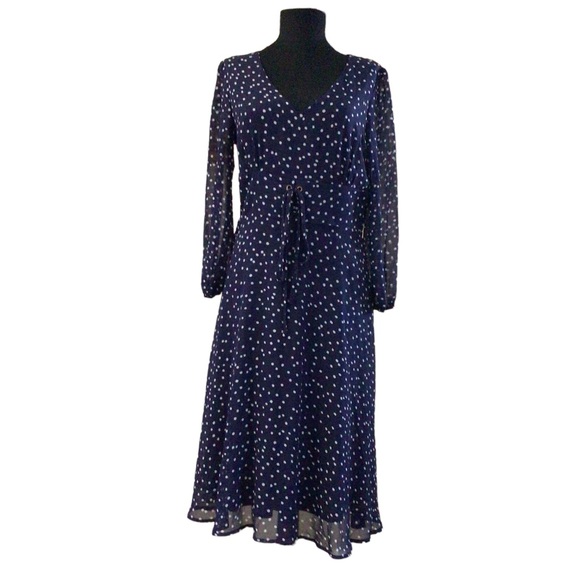 Lulus | Elicia Blue Polka Dot Long Sleeve Dress Size M Midi Length Lined - Picture 3 of 14
